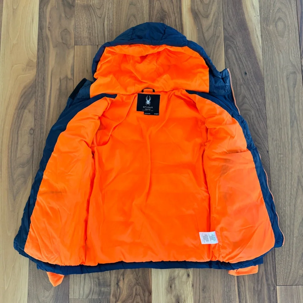 Spyder boys water resistant hooded nexus puffer jacket navy orange size M 10/12